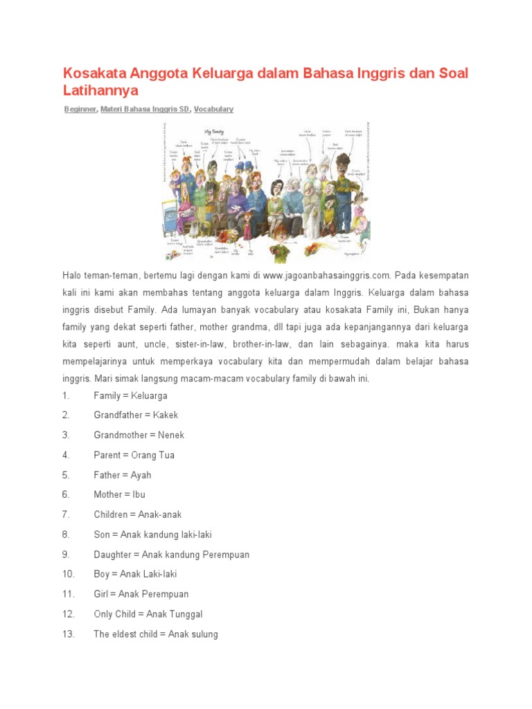 Kosakata Anggota Keluarga Dalam Bahasa Inggris Dan Soal Latihannya | PDF