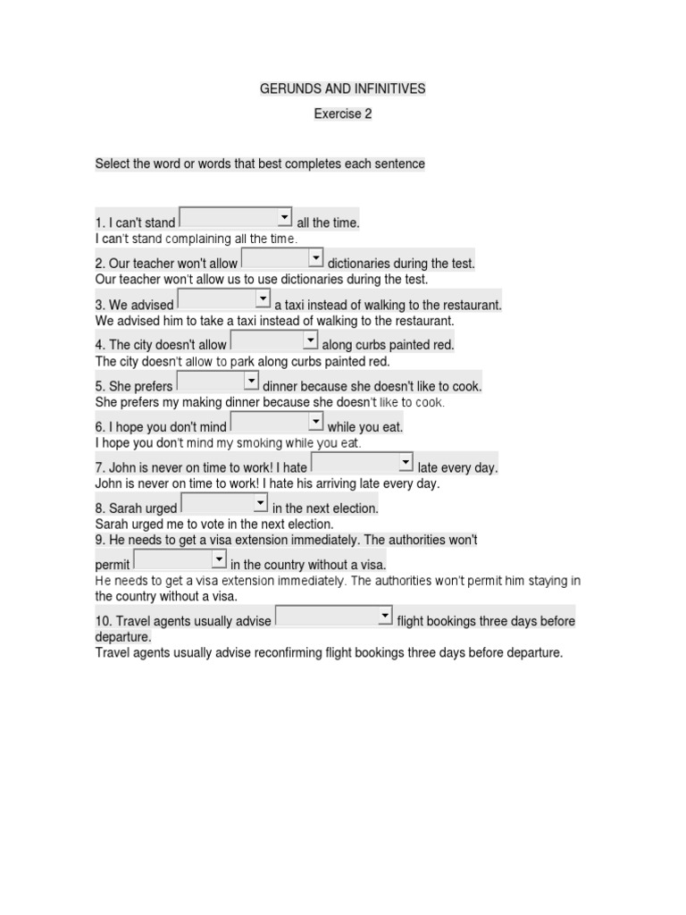 GERUNDS AND INFINITIVES Exercise 2 | PDF
