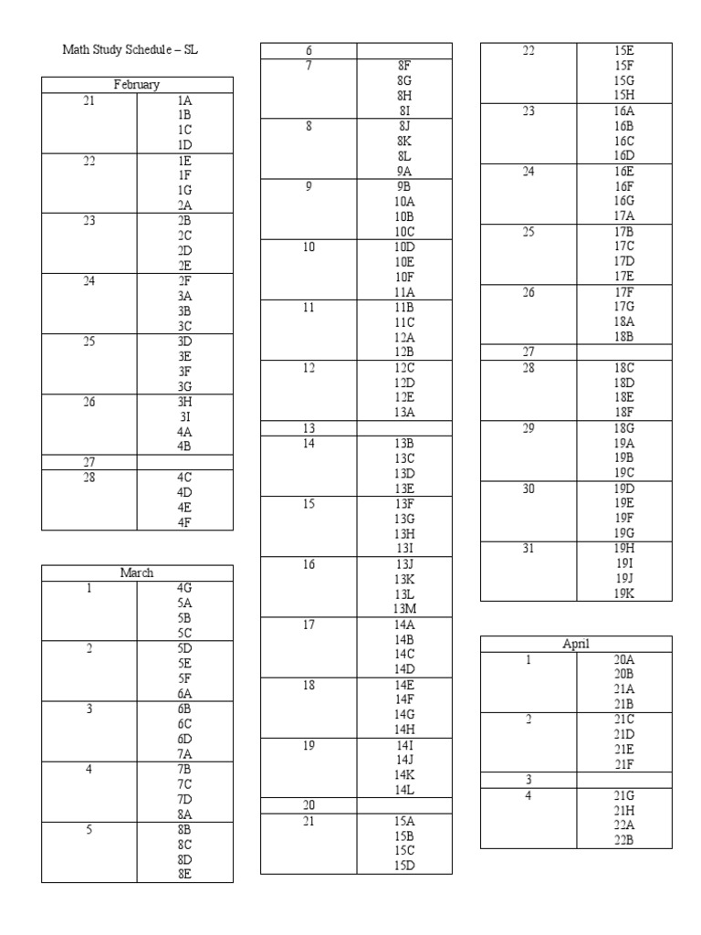 IB Math SL Study Schedule