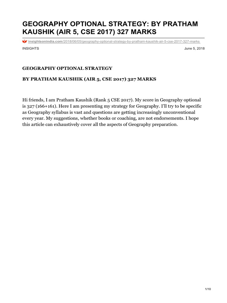 Geography Optional Strategy By Pratham Kaushik Air 5 Cse 2017 327 Marks