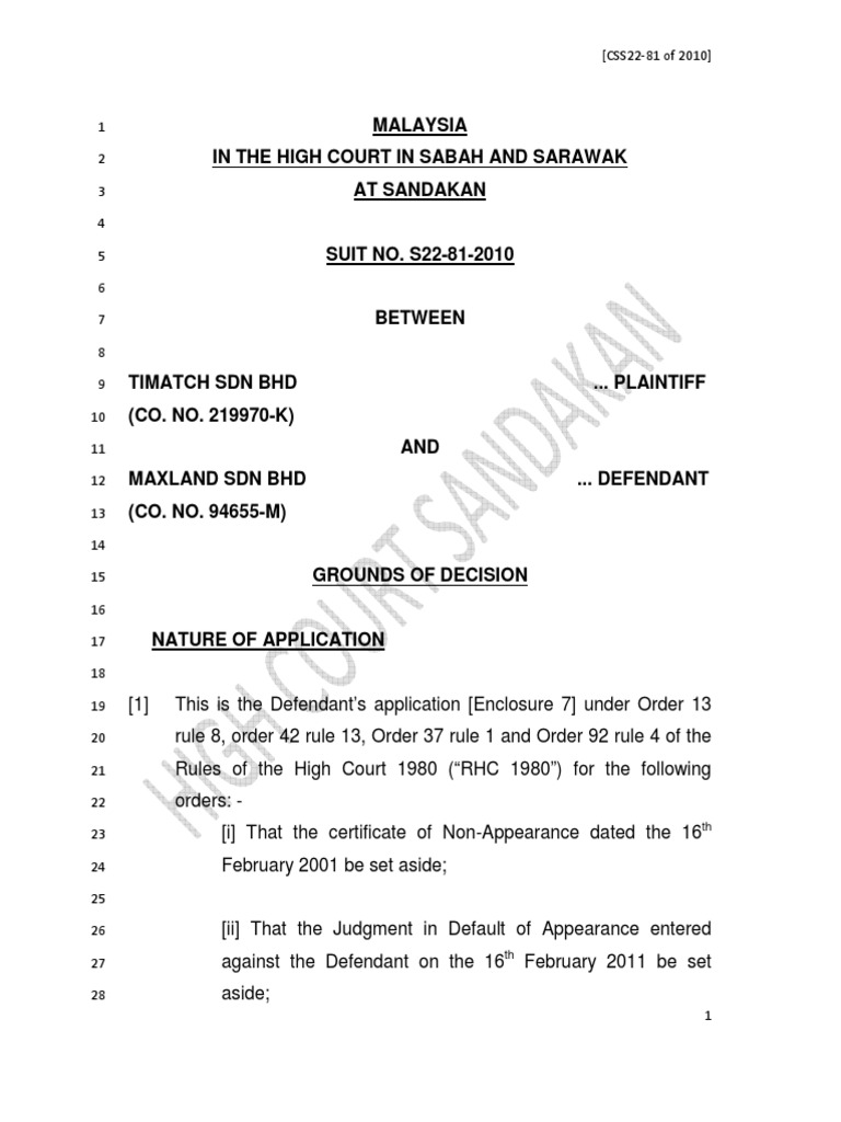 Timatch Sdn Bhd vs Maxland Case Ruling | PDF | Default Judgment | Advocate