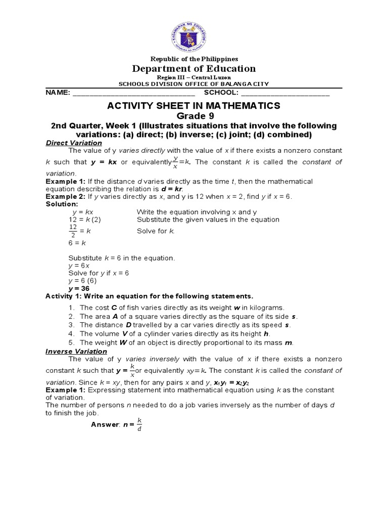 Department of Education: Activity Sheet in Mathematics Grade 9 | PDF ...
