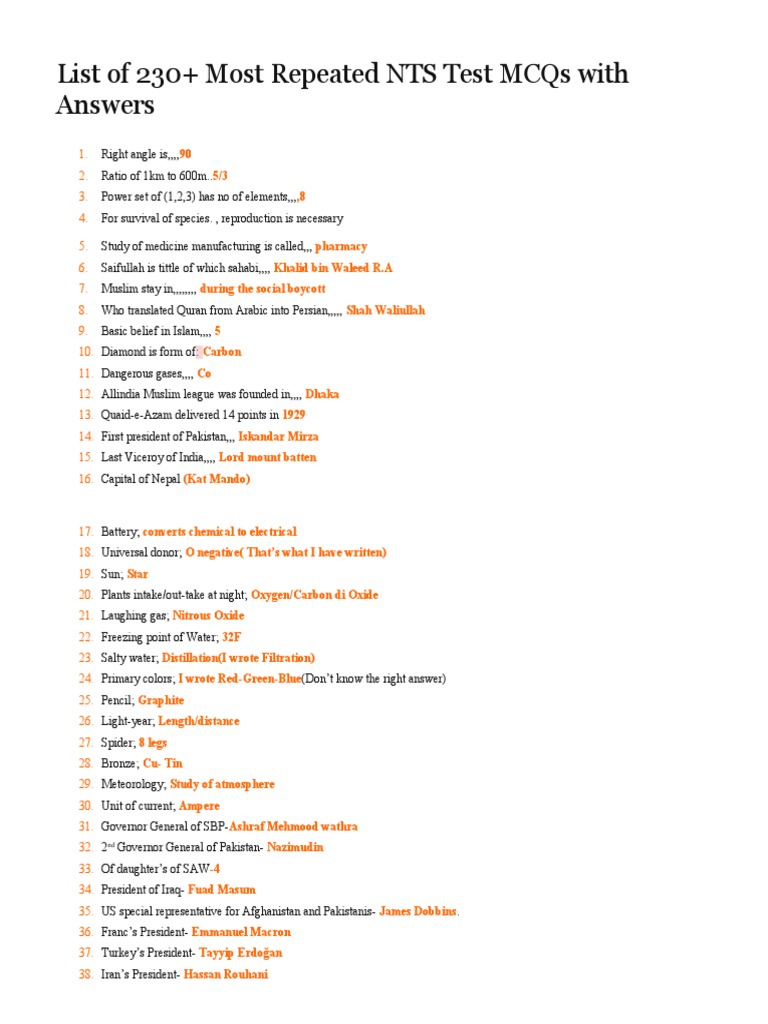 List of 230+ Most Repeated Nts Test Mcqs With Answers | PDF | Computer ...