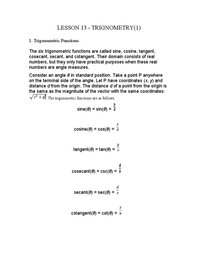 Lesson 13 - Trigonometry I | PDF | Trigonometric Functions | Sine