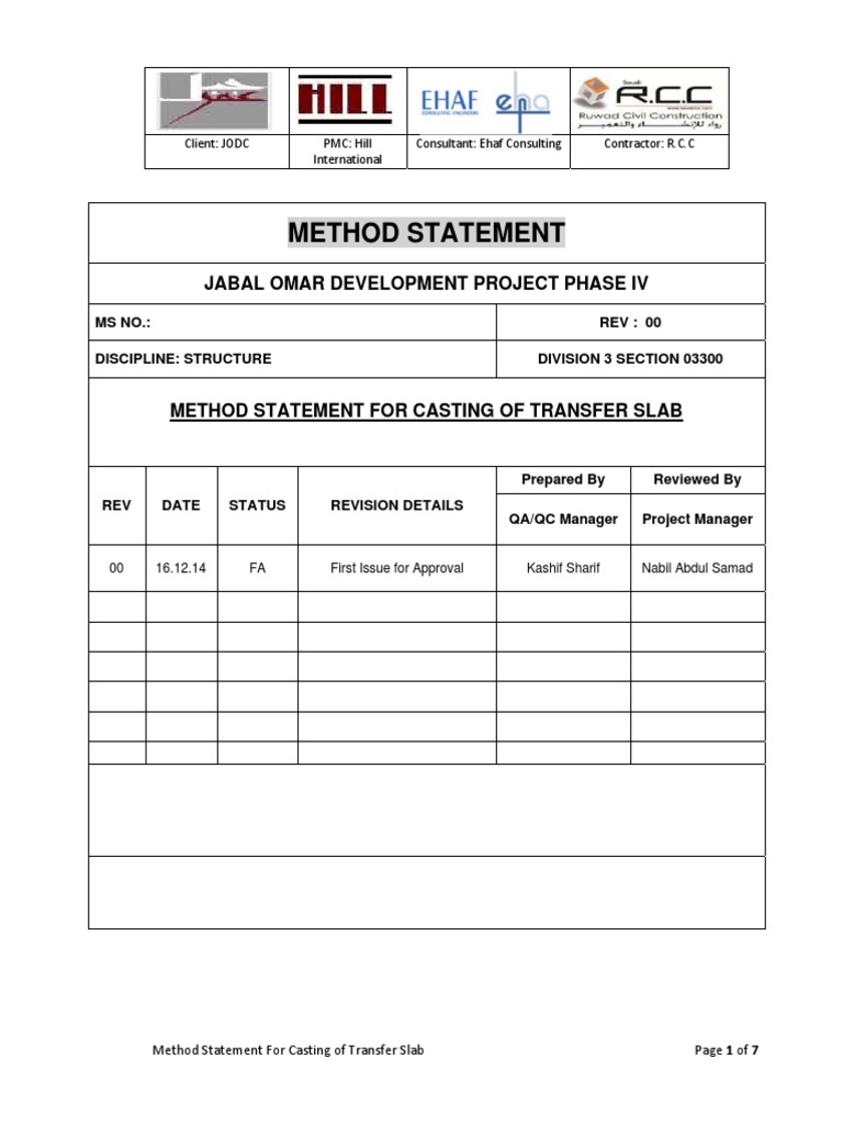Transfer Slab Casting Method Statement | PDF | Concrete | Risk