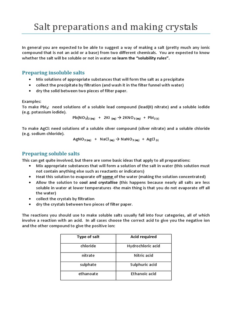 Salt Preparations and Making Crystals PDF | PDF | Solubility | Salt ...
