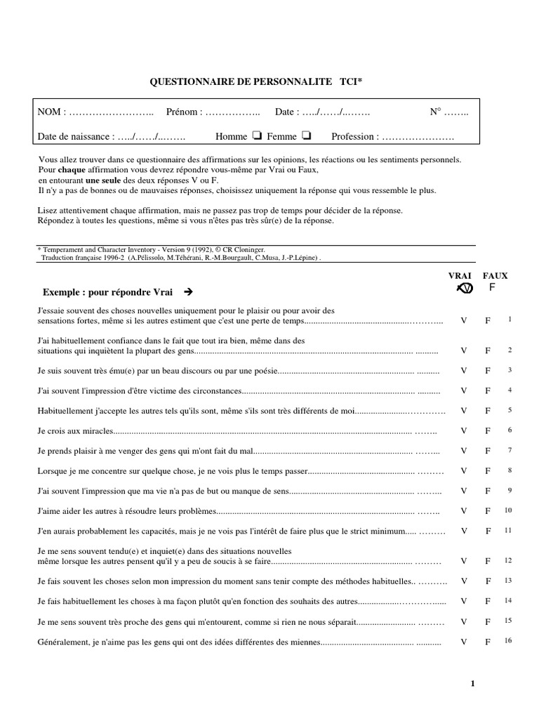 Le TCI Et Le Modèle de Cloninger - Questionnaire PDF | PDF | Plaisir ...