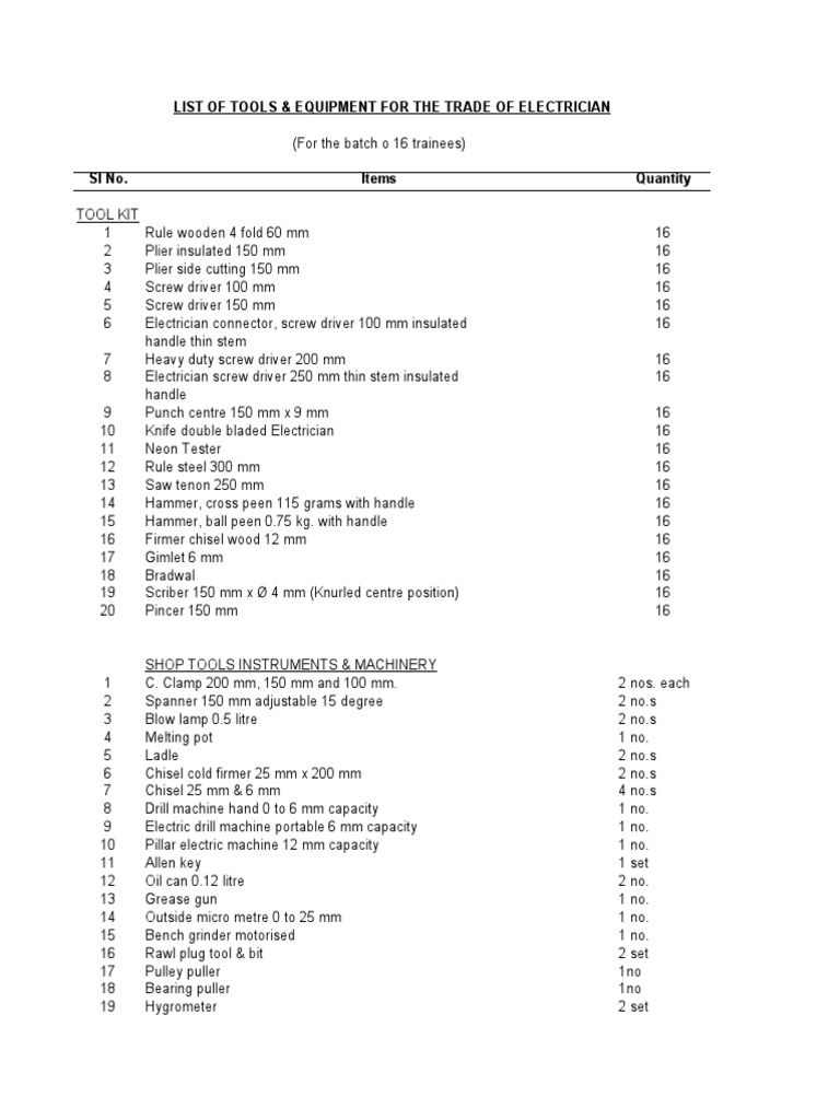List of Tools & Equipment For The Trade of Electrician | PDF | Electric ...