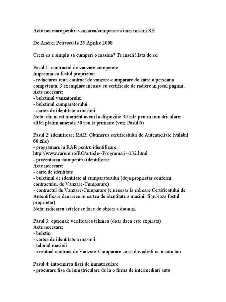 Contract De Vanzare Cumparare Masini