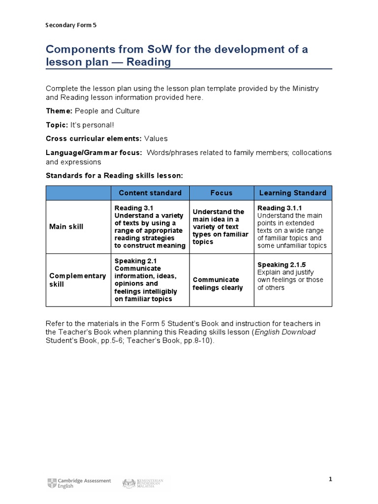 Components From Sow For The Development of A Lesson Plan - Reading ...