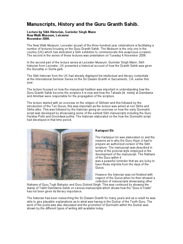 Manuscripts, History and The Guru Granth Sahib | PDF | Guru Granth ...