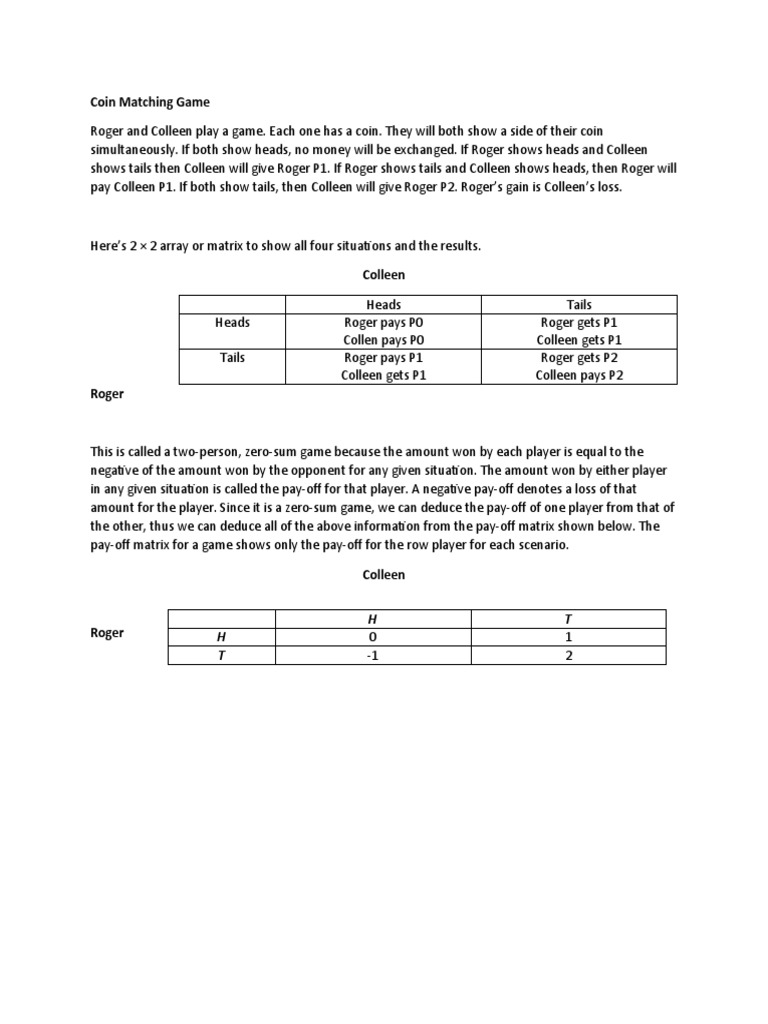 Coin Matching Game Payoff Matrix | PDF