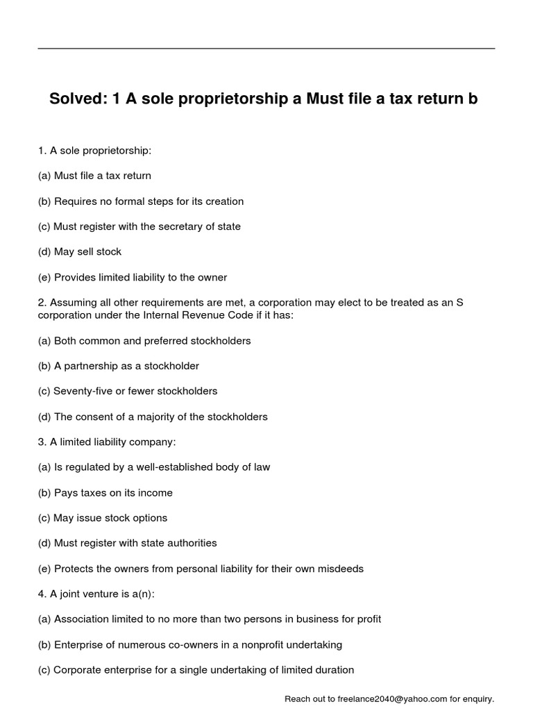 1 A Sole Proprietorship A Must File A Tax Return B PDF Partnership