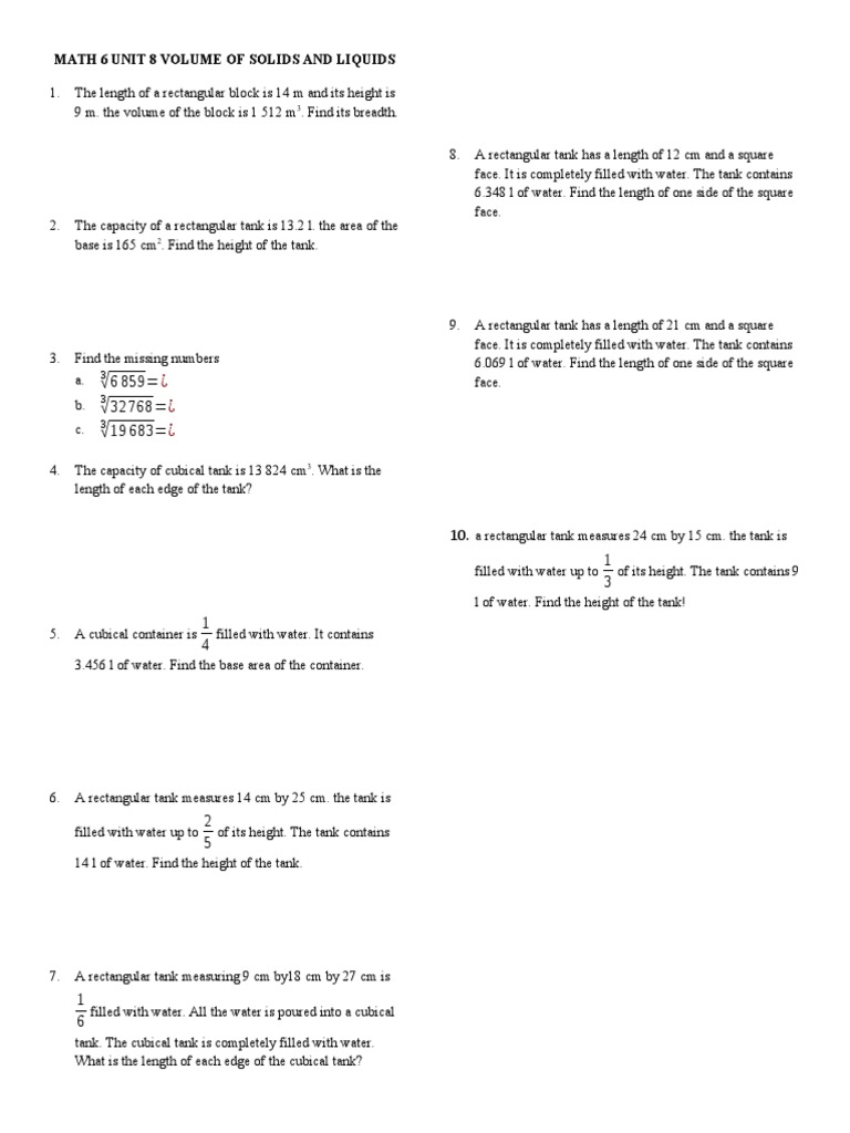 Volume of Solids and Liquids Exercises | PDF | Volume | Length