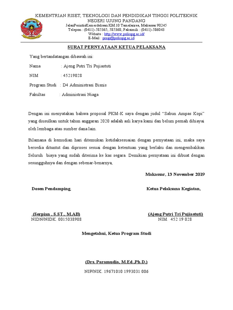 Surat Pernyataan Ketua Pelaksana  PDF