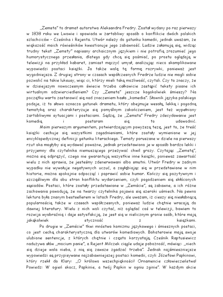 Praca Klasowa Zemsta Klasa 7 Rozprawka Zemsta | PDF