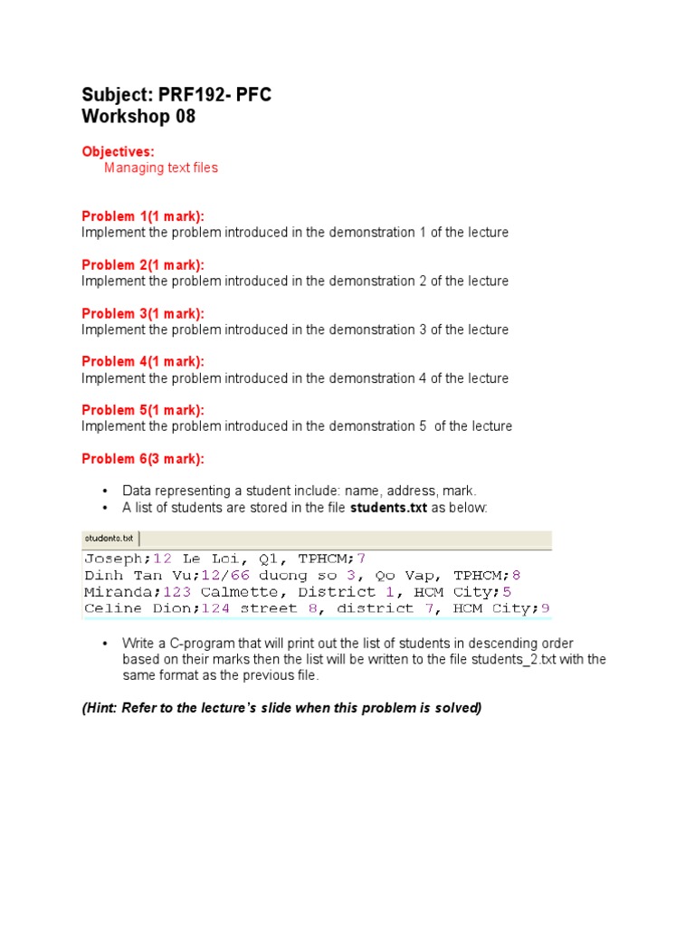 PRF192 PFC Workshop: Text File Management | PDF