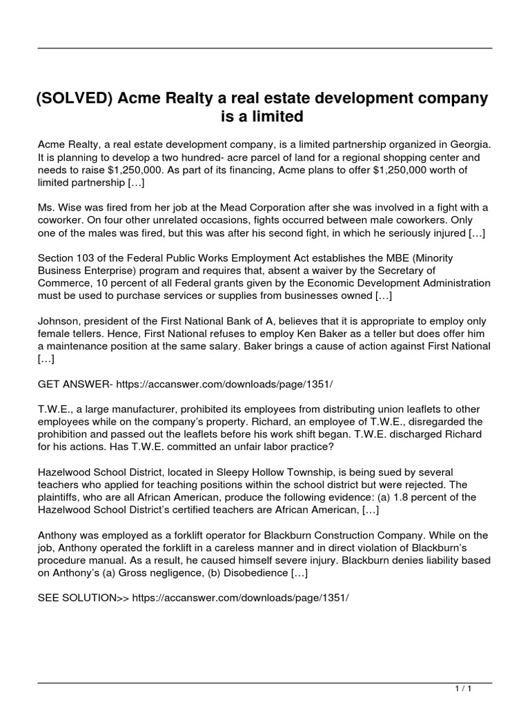 Solved Acme Realty A Real Estate Development Company Is A Limited PDF