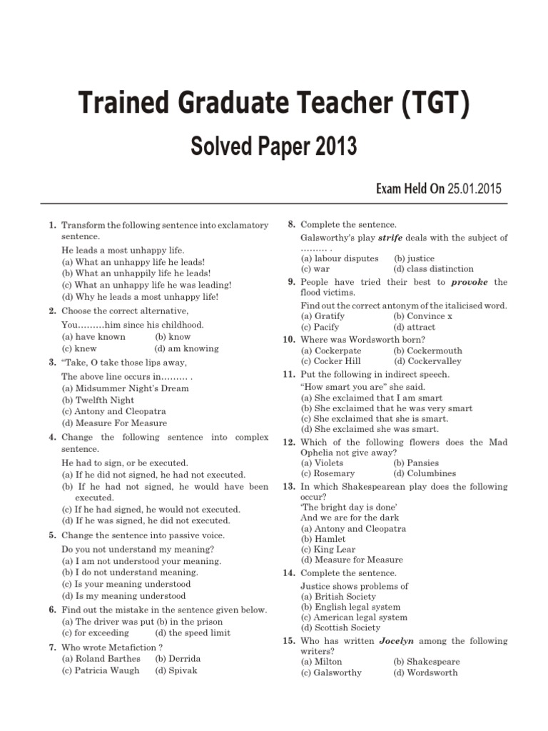 TGT English Solved Paper 2013 | PDF | Novella | William Shakespeare
