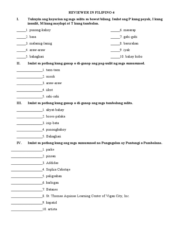 Reviewer in Filipino | PDF