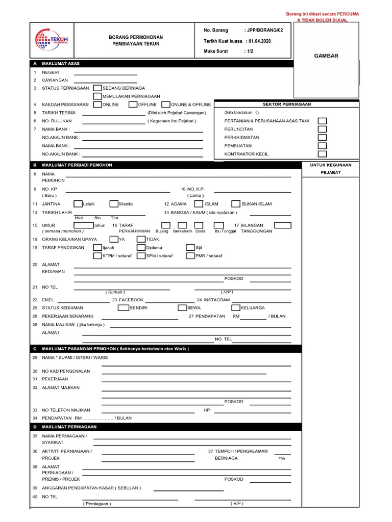 Jpp Borang 02 Borang Permohonan Pembiayaan Tekun Pdf