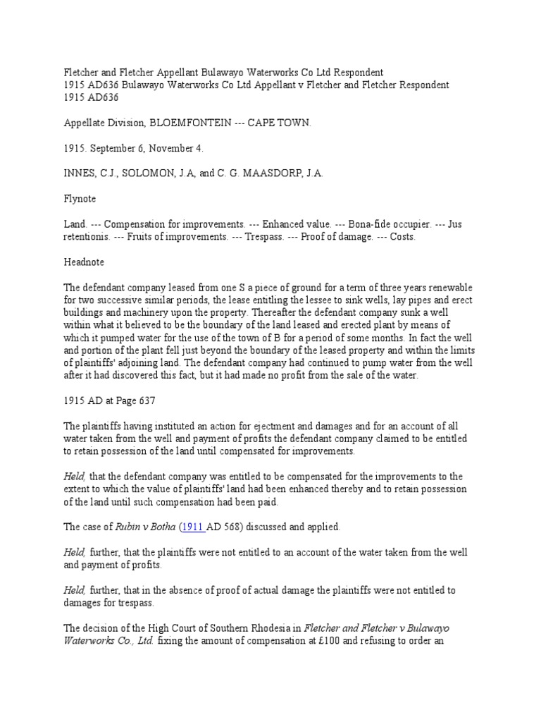Fletcher and Fletcher Appellant Bulawayo Waterworks Co LTD Respondent PDF Trespass Damages