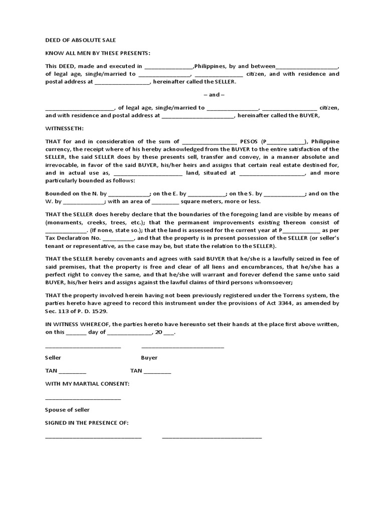 Form 0009-Deed of Absolute Sale of Untitled Land | PDF | Deed ...