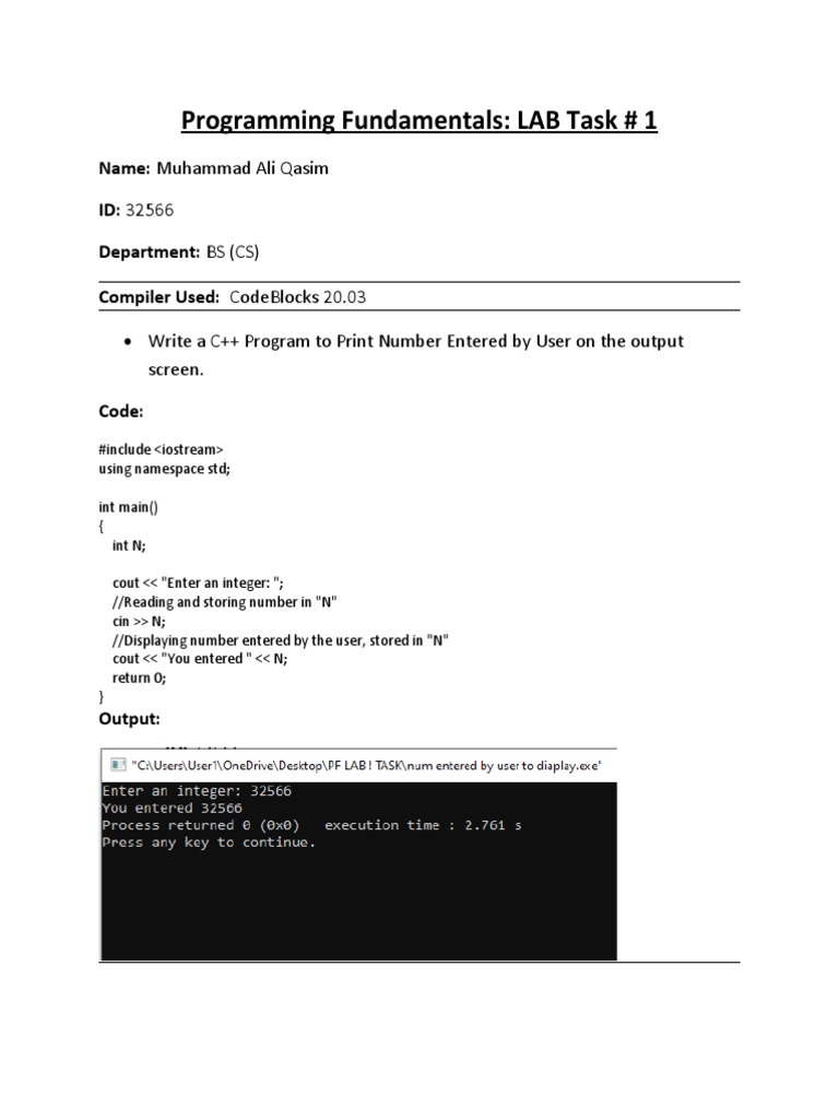 Programming Fundamentals: LAB Task # 1 | PDF | Division (Mathematics ...