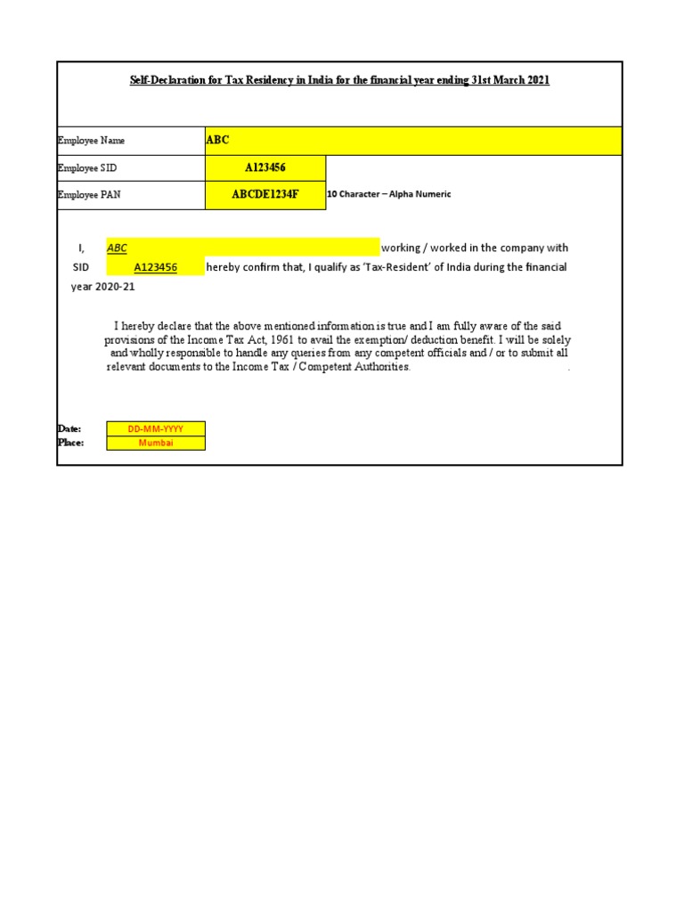 Confirmation On Tax Residency | PDF