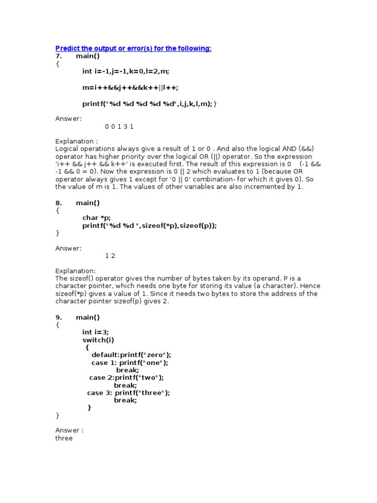 C Programming Output Predictions and Errors | PDF | Notation ...