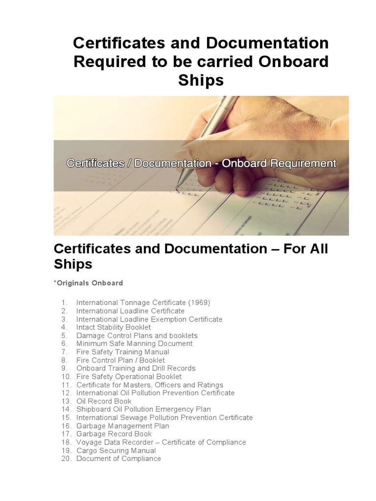 Certificates and documentation required to be carried onboard ships