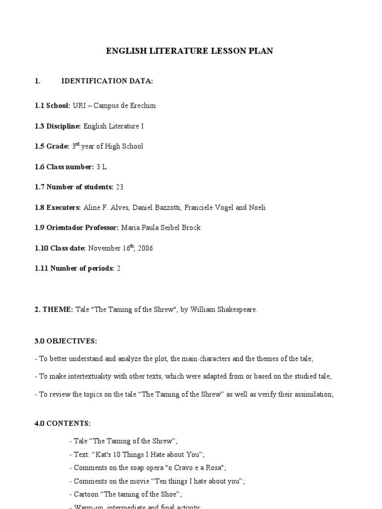 ENGLISH LITERATURE LESSON PLAN 3 | The Taming Of The Shrew