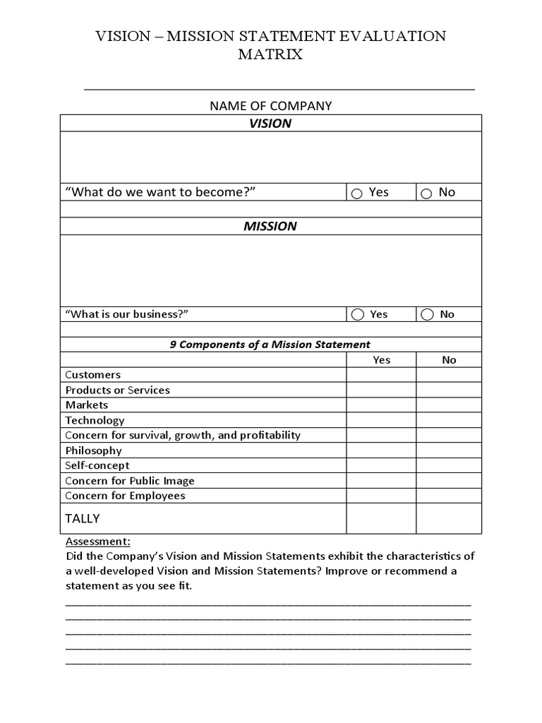 Mission Statement Evaluation Matrix | PDF