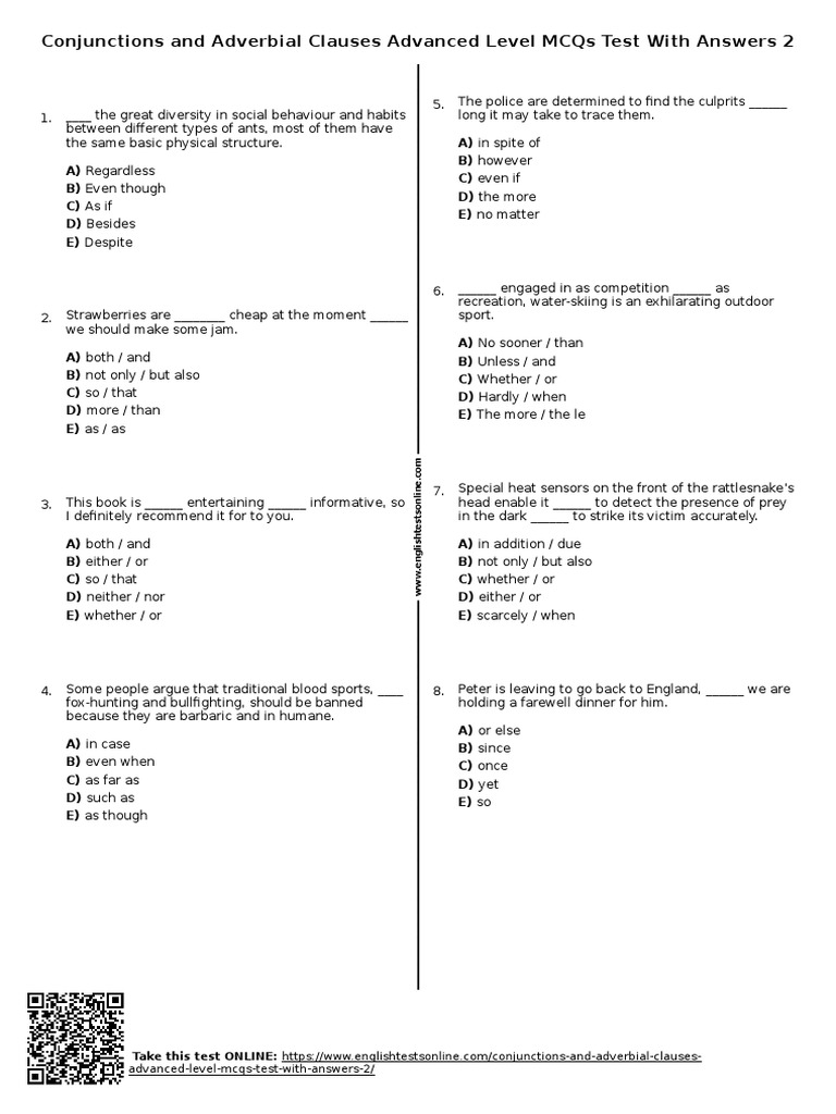 906 - Conjunctions and Adverbial Clauses Advanced Level Mcqs Test With ...