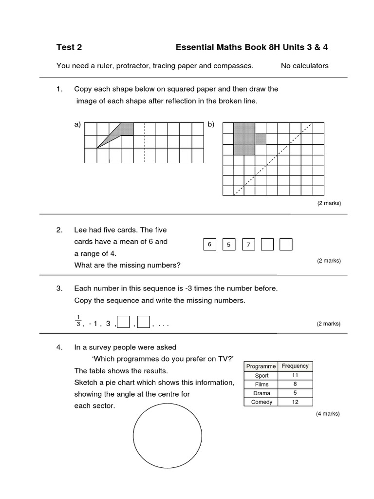 Essential Maths 8H Test 2 PDF PDF Teaching Mathematics Geometry