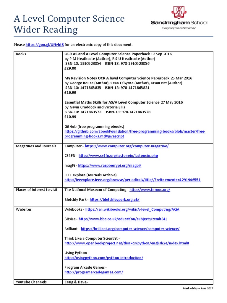 A Level Computer Science Reading List | PDF | Mass Media | Science And ...