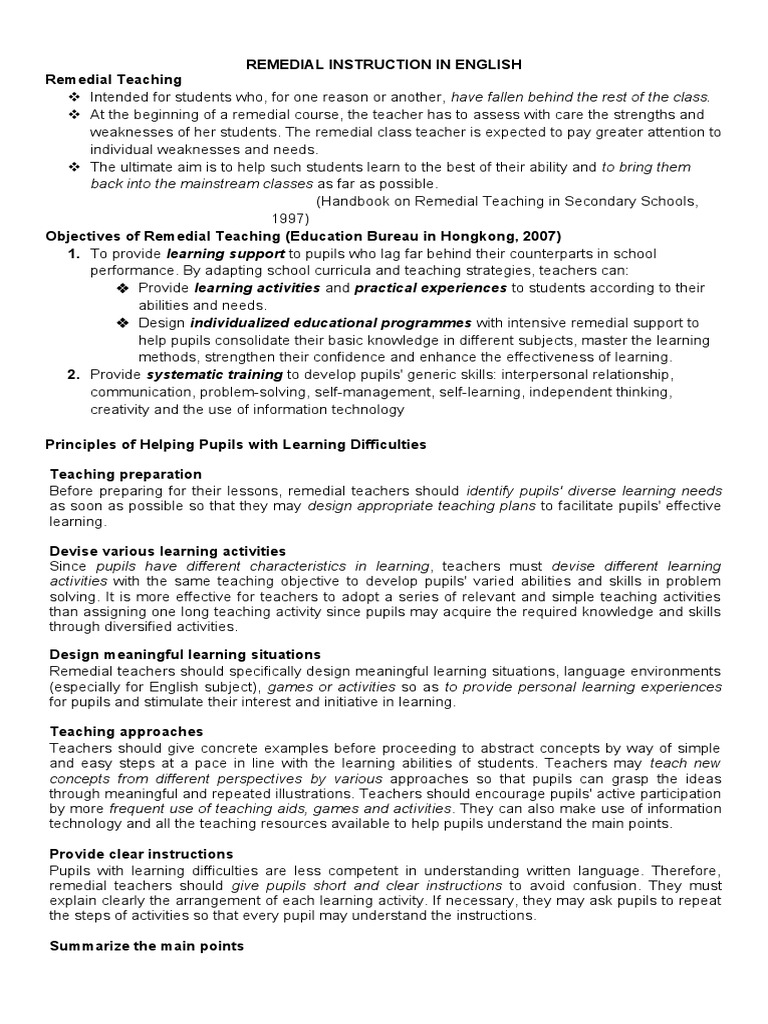 Objectives of Remedial Instruction in English | PDF | Phonics | Teachers