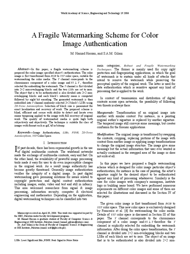 A Fragile Watermarking Scheme For Color Image Authentication | PDF