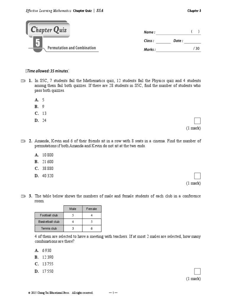 Mathematics Chapter Quiz for S5A | PDF | Paintings | Restaurant And ...