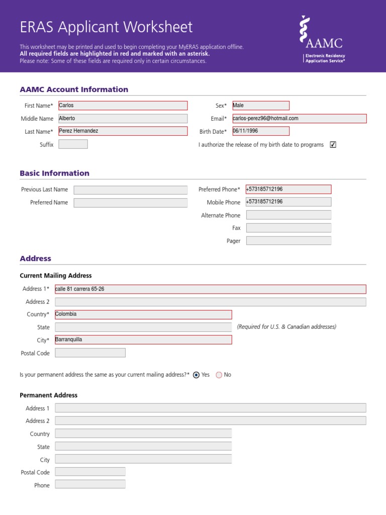 ERAS Applicant Worksheet AAMC Account Information PDF Residency (Medicine) Race And