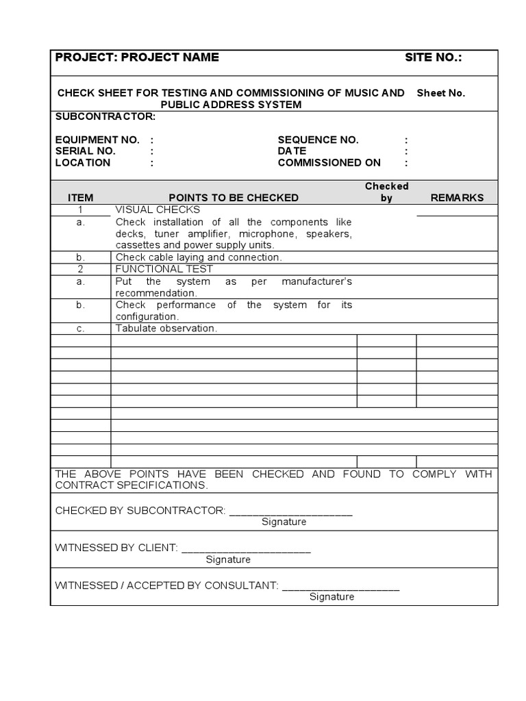 Check Sheet For Testing and Commissioning of Music and Public Address