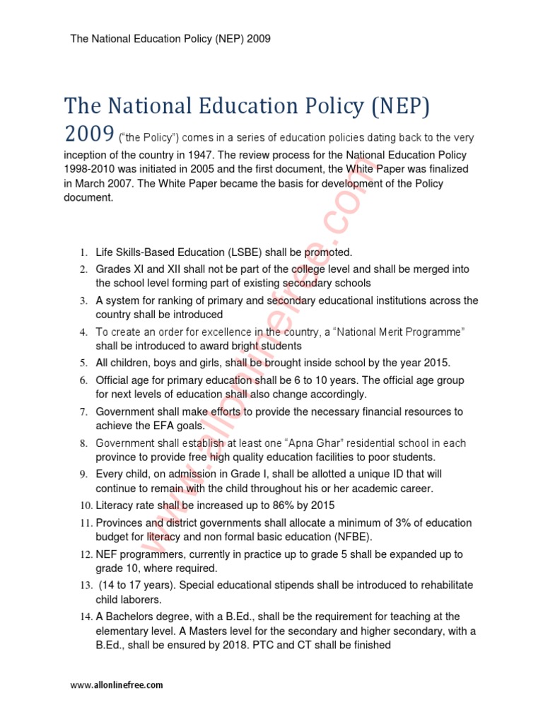 National Education Policy 2009 Overview | PDF | Teacher Education ...