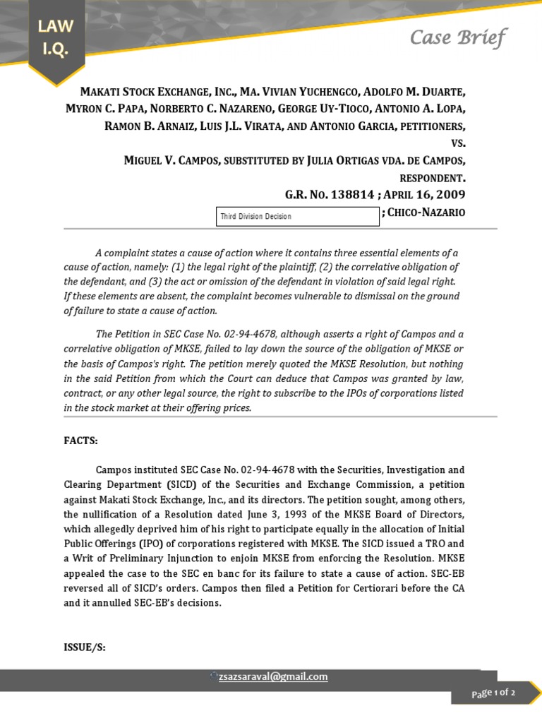 Civil Procedure Makati Stock Exchange vs. Campos PDF Complaint