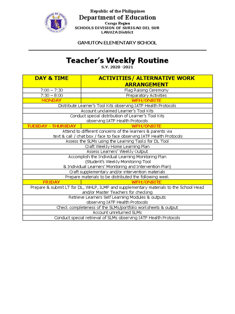 Teacher's Weekly Duty Report Sample | PDF