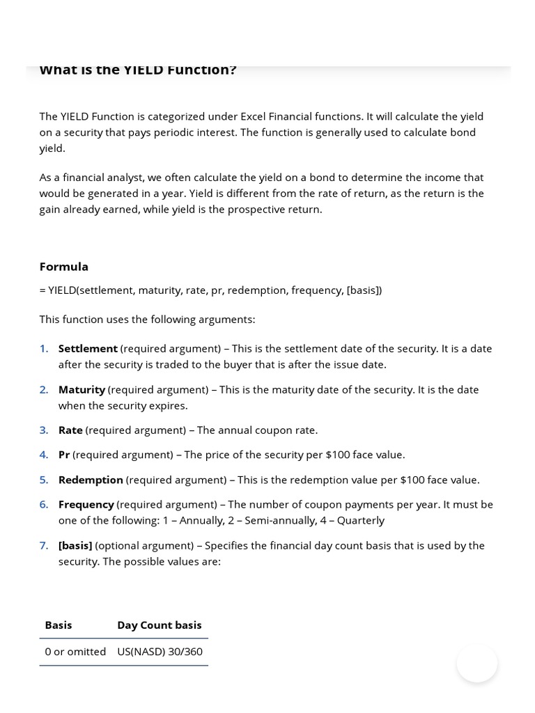 YIELD Function - Formula, Examples, Calculate Yield in Excel | PDF | Yield  (Finance) | Fixed Income