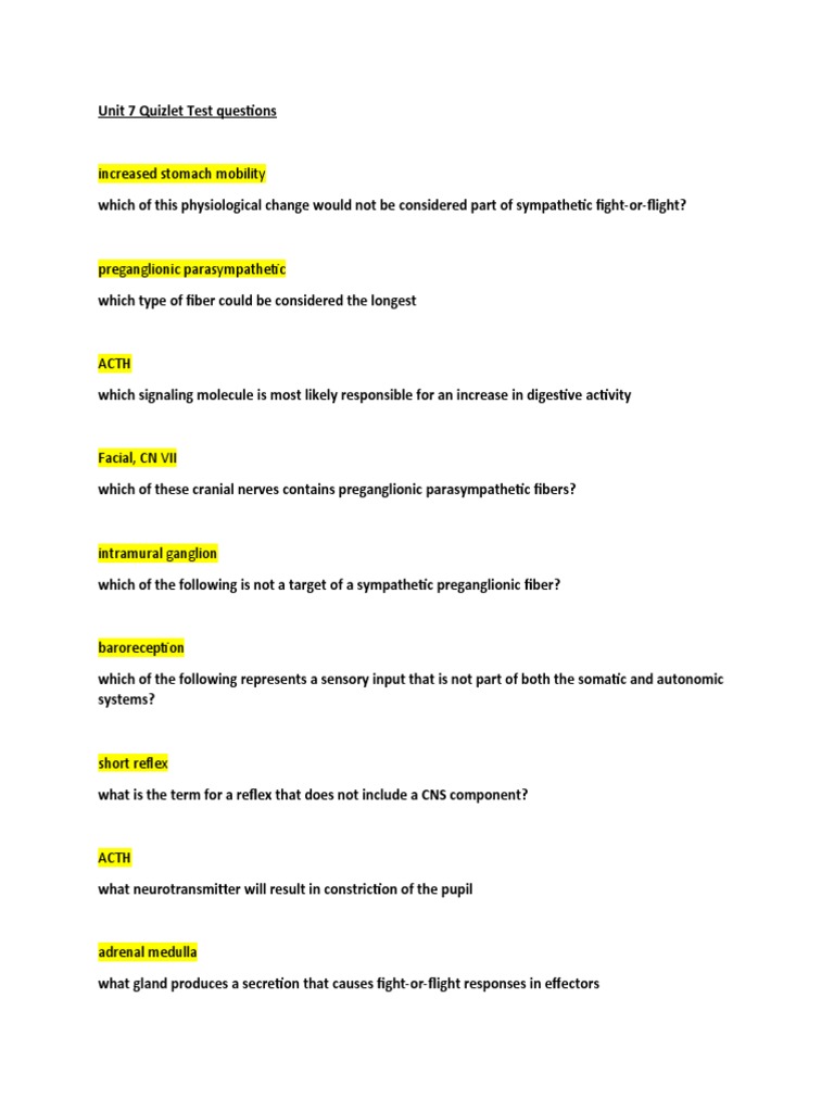 Unit 7 Quizlet Test Questions PDF Autonomic Nervous System