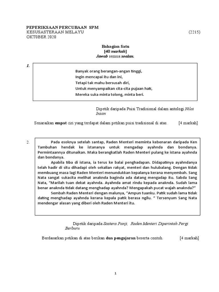 Soalan Peperiksaan Percubaan Sastera 2020 K1 Pdf