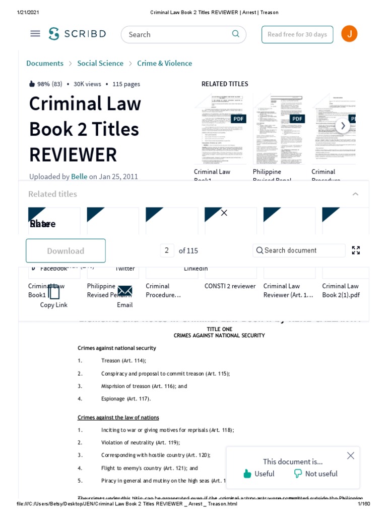 Criminal Law Book 2 Titles Reviewer Arrest Treason Pdf Pdf
