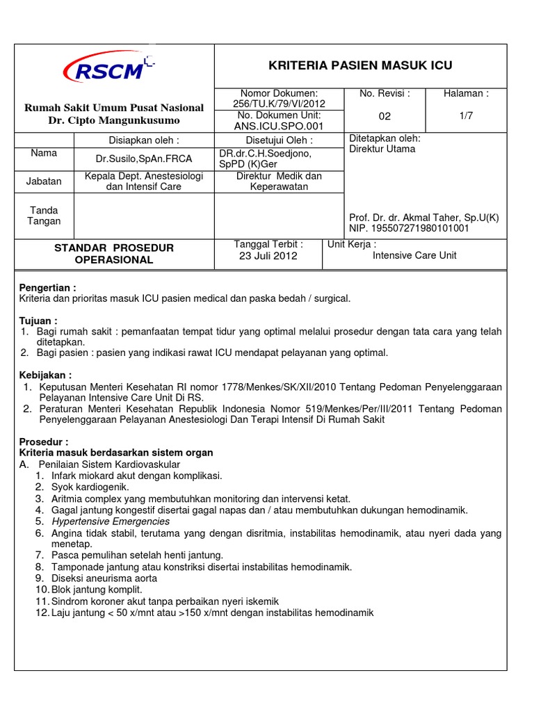 Kriteria Masuk Icu - RSCM | PDF