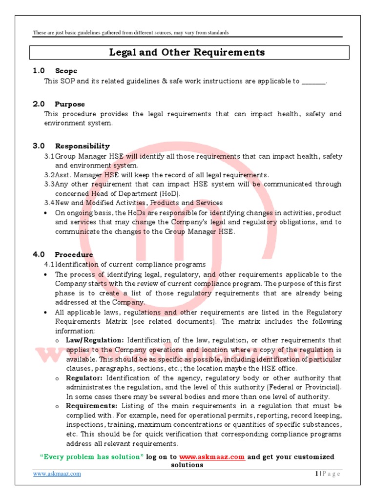 Sample SOP For Legal and Other Requirements PDF PDF Regulatory Compliance Regulation